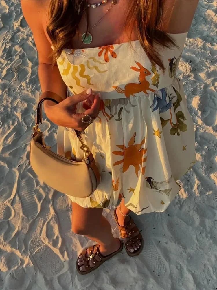 فستان قصير مطبوع من MUJER للنساء بدون أكمام لصيف 2025، فستان شمسي مجعد، فستان قصير مكشوف الظهر - 6