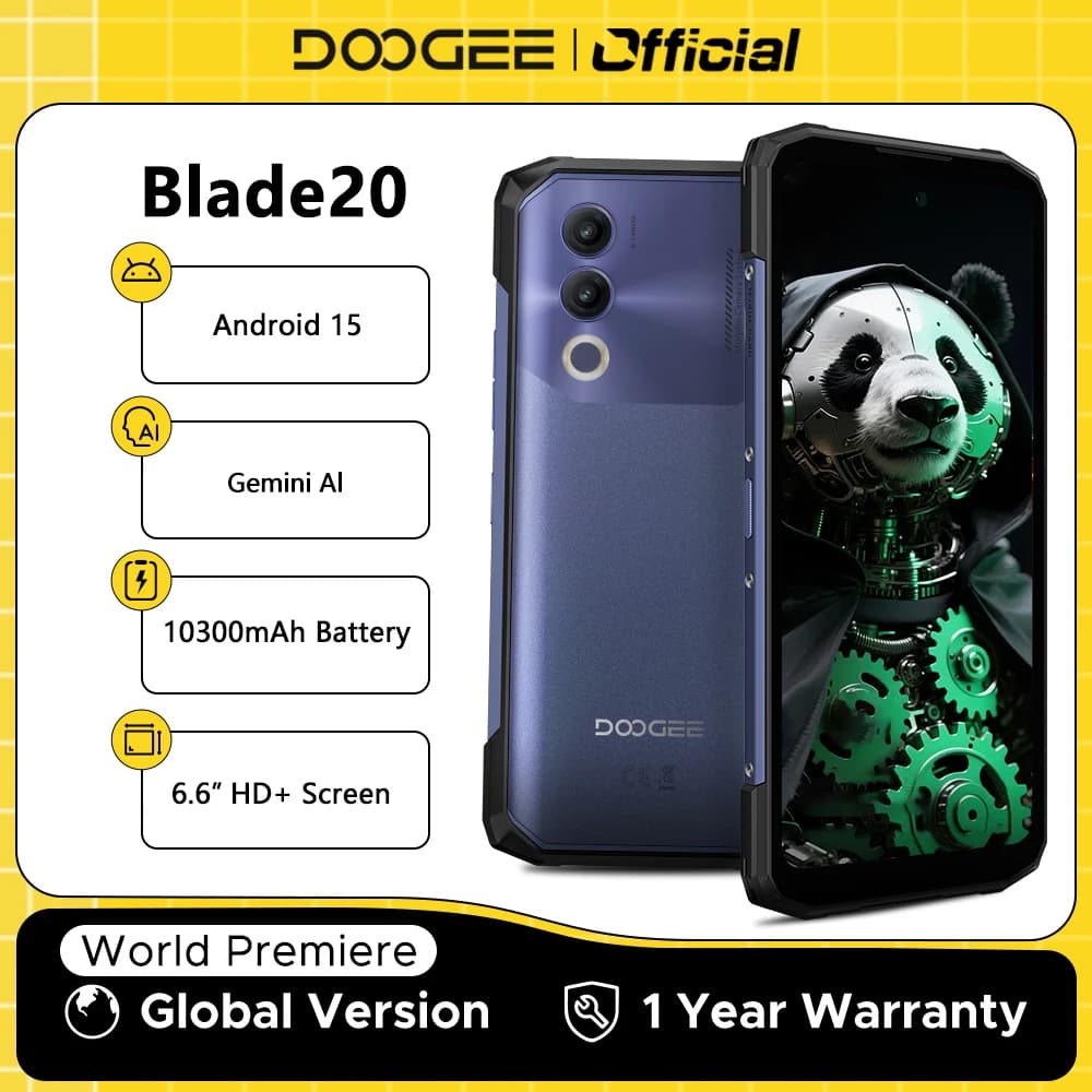 هاتف DOOGEE Blade20 متين Gemini AI Android 15 بطارية 10300mAh شاشة 6.6 بوصة HD+ ذاكرة وصول عشوائي 4 جيجابايت ذاكرة قراءة فقط 128 جيجابايت إصدار عالمي هاتف ذكي NFC