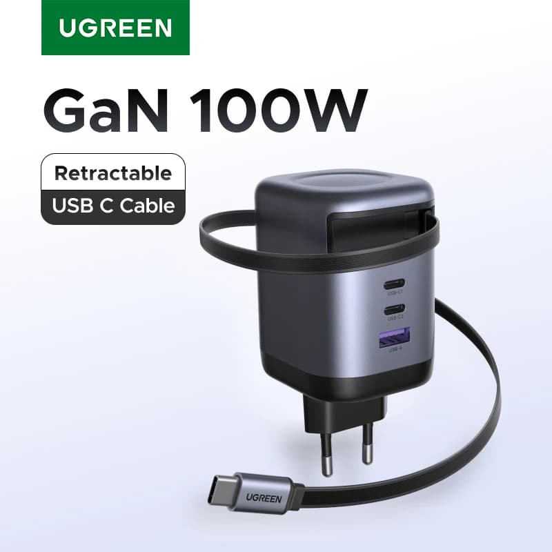 يو جرين شاحن 100W GaN مع كابل يو إس بي C قابل للسحب UFCS PPS PD شحن سريع لـ لابتوب ماك بوك برو آيباد تابلت آيفون سامسونج