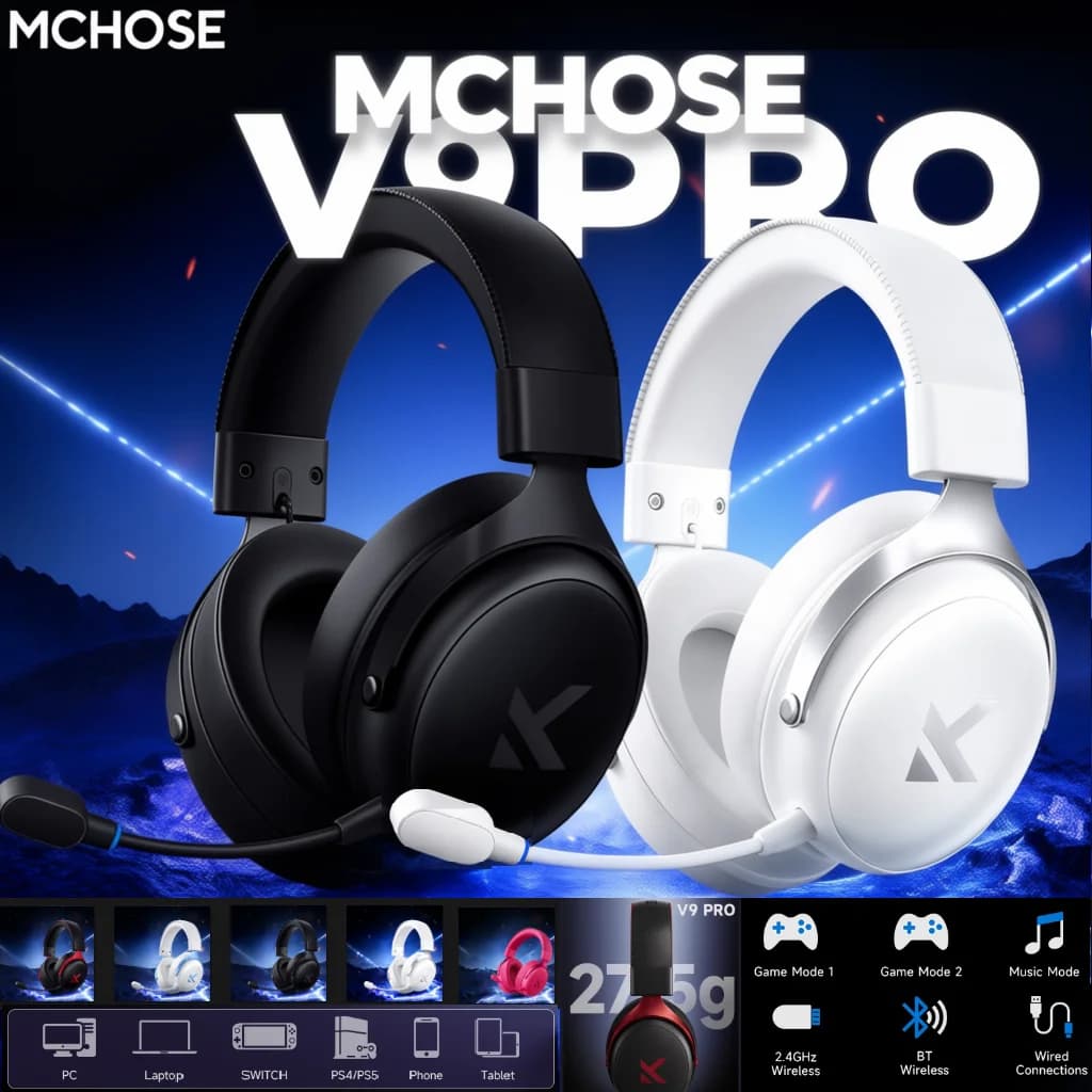 سماعات رأس للألعاب الرياضية الإلكترونية من MCHOSE V9 PRO، سماعات رأس مخصصة مع ميكروفون لاسلكي لتقليل الضوضاء بثلاثة أوضاع