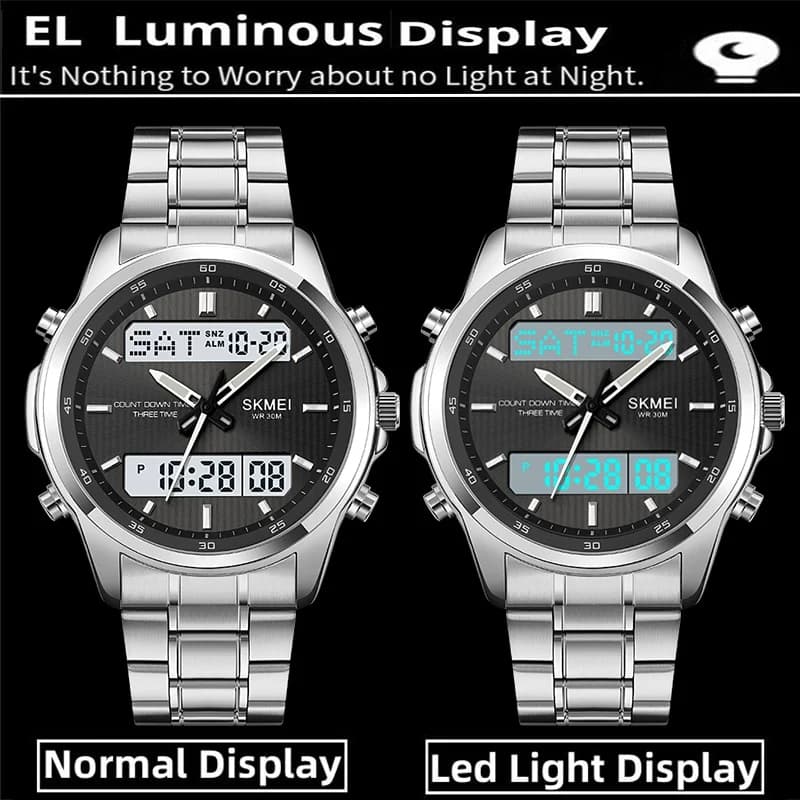 Skmei Mens Quartz Analog Bracelet Watches Luxury Stainless Steel Strap Led Waterproof Digital Sports Three Time Zone Alarm Clock - 5