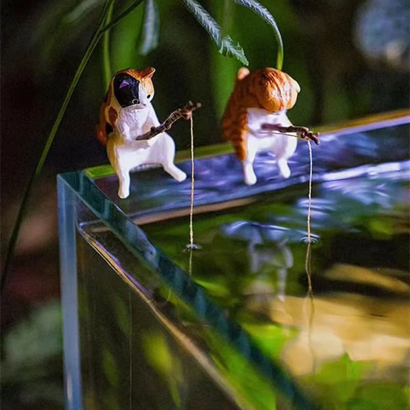 Fish  Landscaping Fishing Cat Ornaments Mini Resin Figurine Cartoon Cat Statue for Home Office Aquarium Decoration - 4