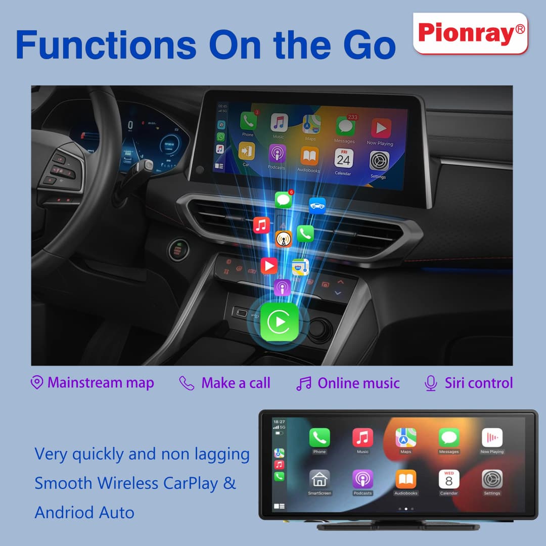 شاشة Carplay اللاسلكية المحمولة 10.26 بوصة مع Android Auto، نظام صوتي باللمس، كاميرا داش وكاميرا احتياطية - 2