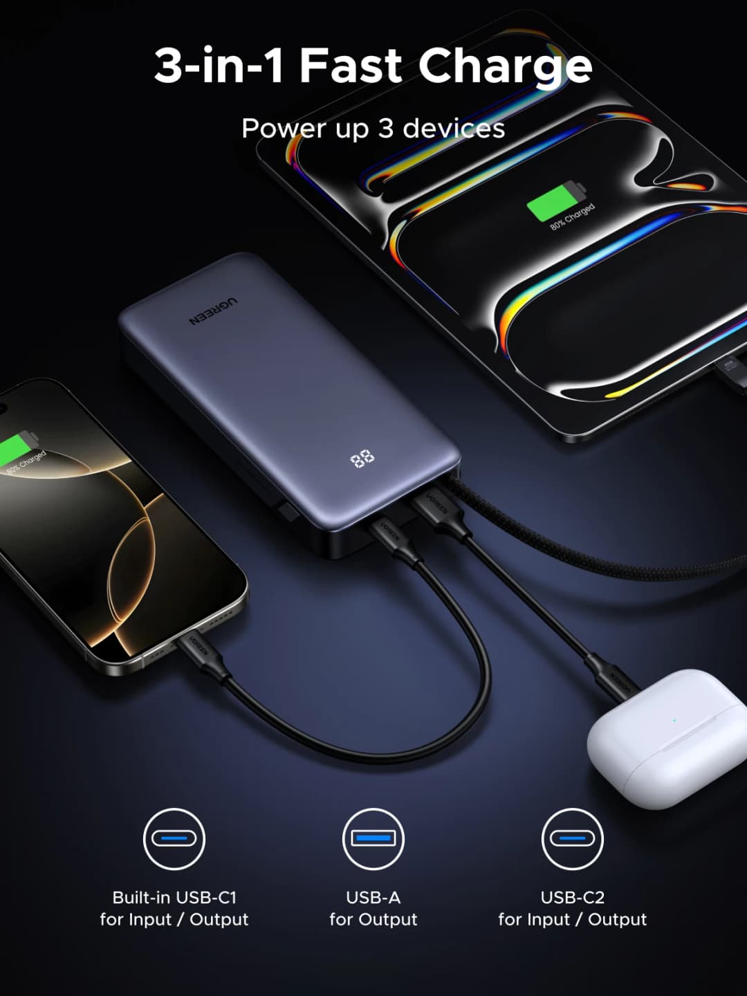 UGREEN 45W 20000mAh Built-in Type C Cable Power Bank for Samsung S25 Ultra PPS Fast Charging Battery External Battery Charger - 5