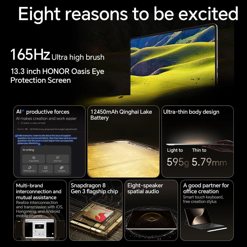الإصدار العالمي لجهاز HONOR MagicPad 3 اللوحي بنظام أندرويد 2025 ومعالج Snapdragon 8 Gen 3 وشاشة IPS LCD مقاس 13.3 بوصة بمعدل تحديث 165 هرتز وبطارية 12450 مللي أمبير في الساعة وشحن فائق السرعة 100 واط - 2