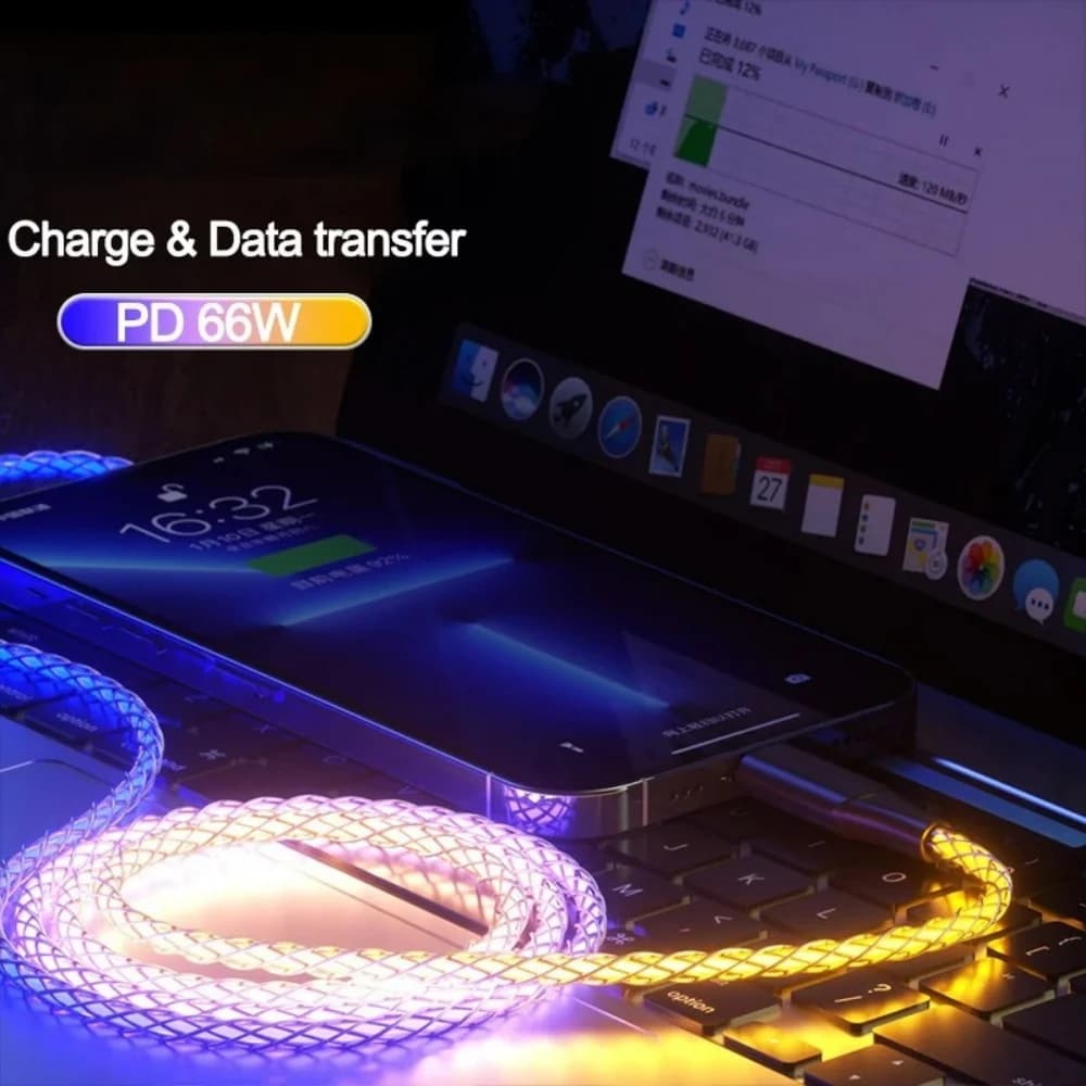 66 واط 6A نوع C كابل شحن RGB LED USB C سلك شحن سريع ل Xiaomi K60 الترا سامسونج آيفون 15 برو هواوي PD النايلون مضفر - 3