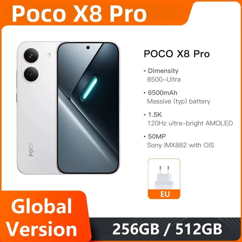 هاتف POCO X8 Pro 5G الإصدار العالمي، معالج Dimensity 8500-Ultra، بطارية 6500 مللي أمبير في الساعة، شاشة AMOLED 6.59 بوصة بدقة 1.5K، شحن 100 واط HypeCharge، NFC