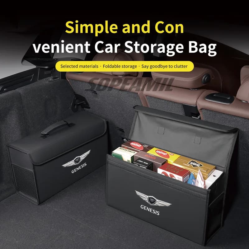 صندوق تخزين من ألياف الكربون والجلد لصندوق السيارة حقيبة قابلة للطي لسيارات Genesis G70 G80 G90 GV60 GV70 GV80 GV90 Mint EVG80
