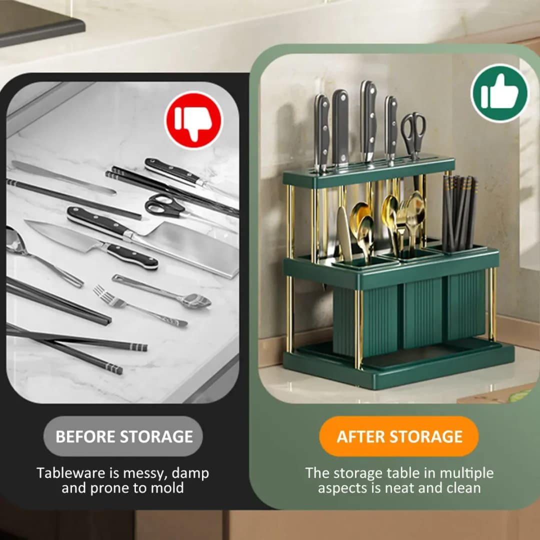 حامل سكاكين المطبخ متعدد الوظائف مع رف تجفيف للأدوات القاطعة وأدوات المائدة، منظم أدوات مطبخ مُوفر للمساحة من مادة PP جديد - 3
