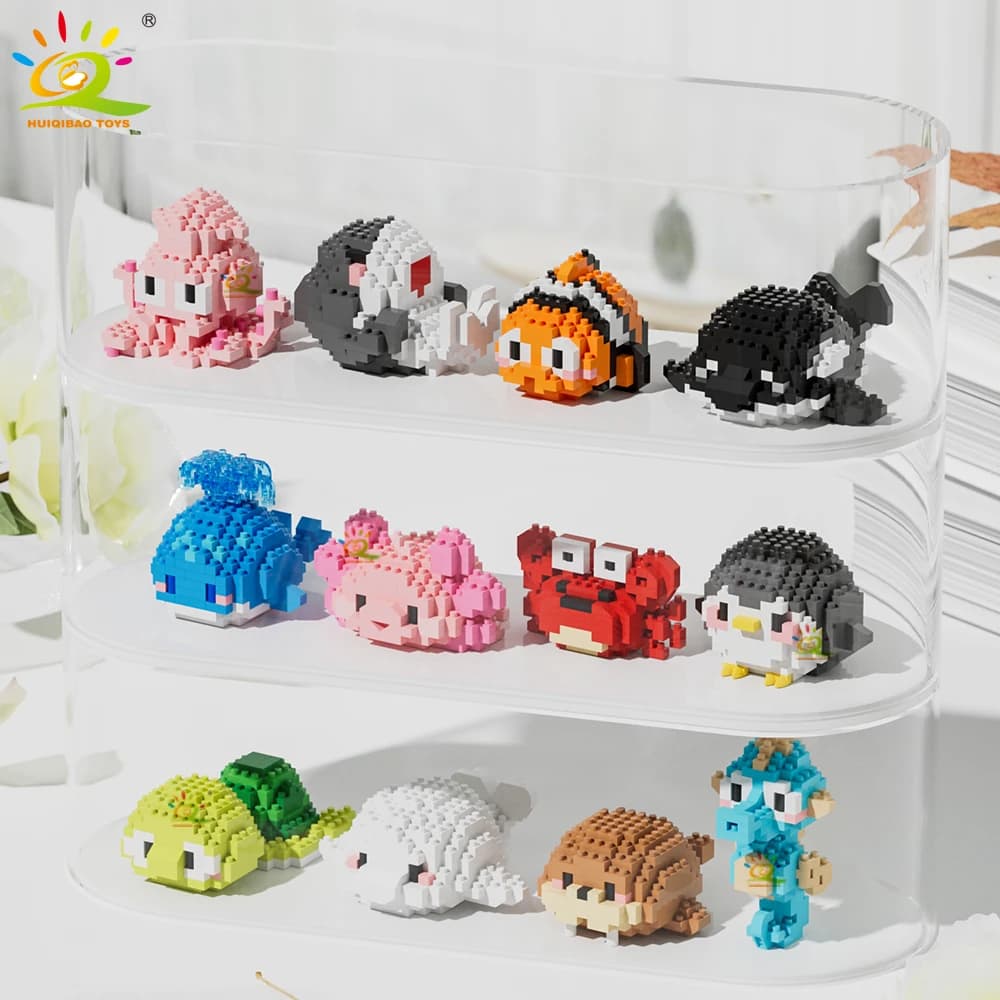 HUIQIBAO حيوانات بحرية لطيفة: قرش وسلاحف وسرطان بحر، مكعبات بناء صغيرة ثلاثية الأبعاد، نموذج ألماس، ألعاب تجميع يدوية لمدينة الأطفال - 3