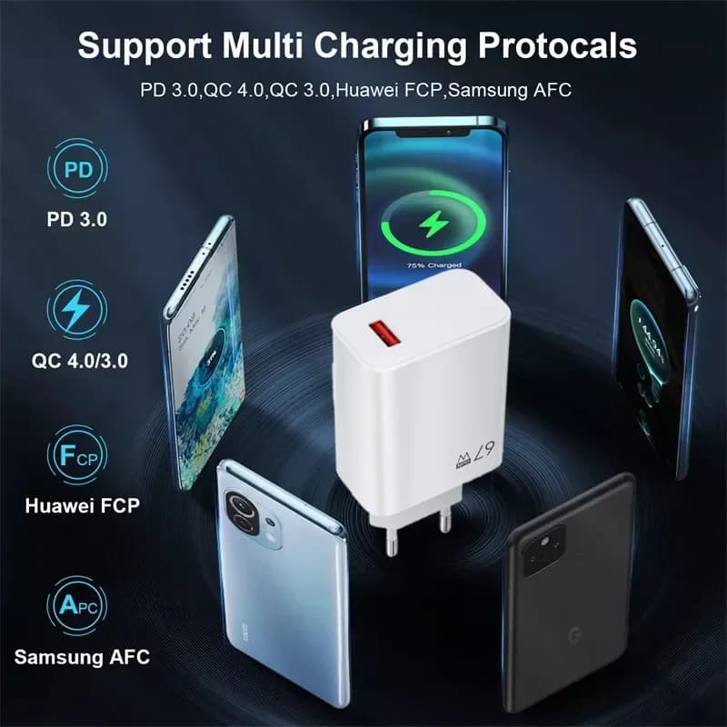 USB GaN Charger Total 67W Fast Charging Wall Phone Adapter 6A USB TypeC Cable Quick Charge 3.0 Plug For iPhone Samsung Xiaomi - 4