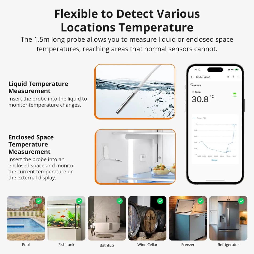 SONOFF SNZB-02LD Zigbee3.0 LCD Smart Thermometer with Probe IP65 Waterproof for Fridge Pool Fish tank Wine Cellar via ZBBridge-P - 4