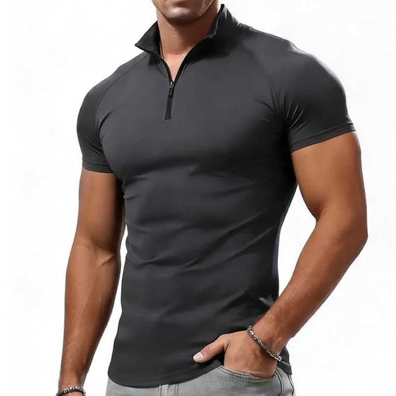 Compression T-shirt Men Summer Zipper Neck Male Tops Tee Gyms Fitness Tshirt Slim Fit Skinny Tigths Casual Fashion T Shirt Men - 2