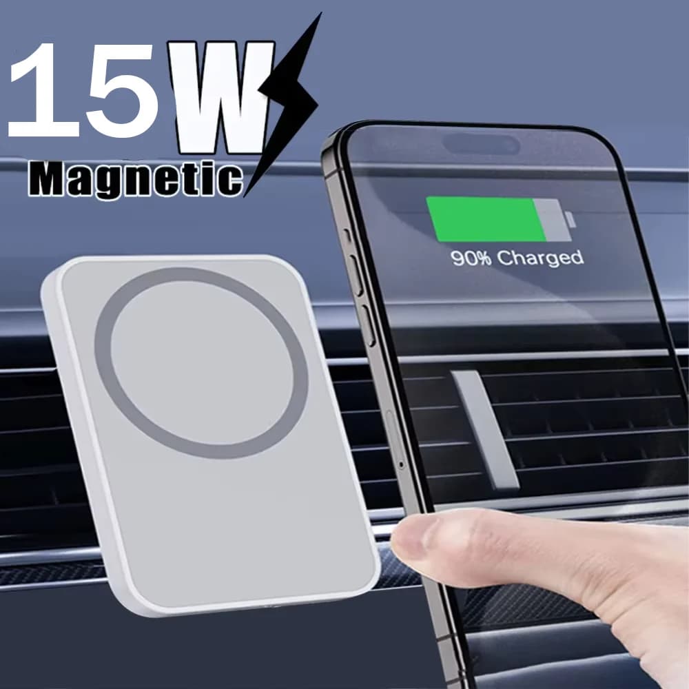 شاحن سيارة لاسلكي مغناطيسي 15 واط متوافق مع آيفون 17-12 برو ماكس ميني، حامل هاتف للسيارة يثبت على فتحة التهوية، شحن سريع للسيارة