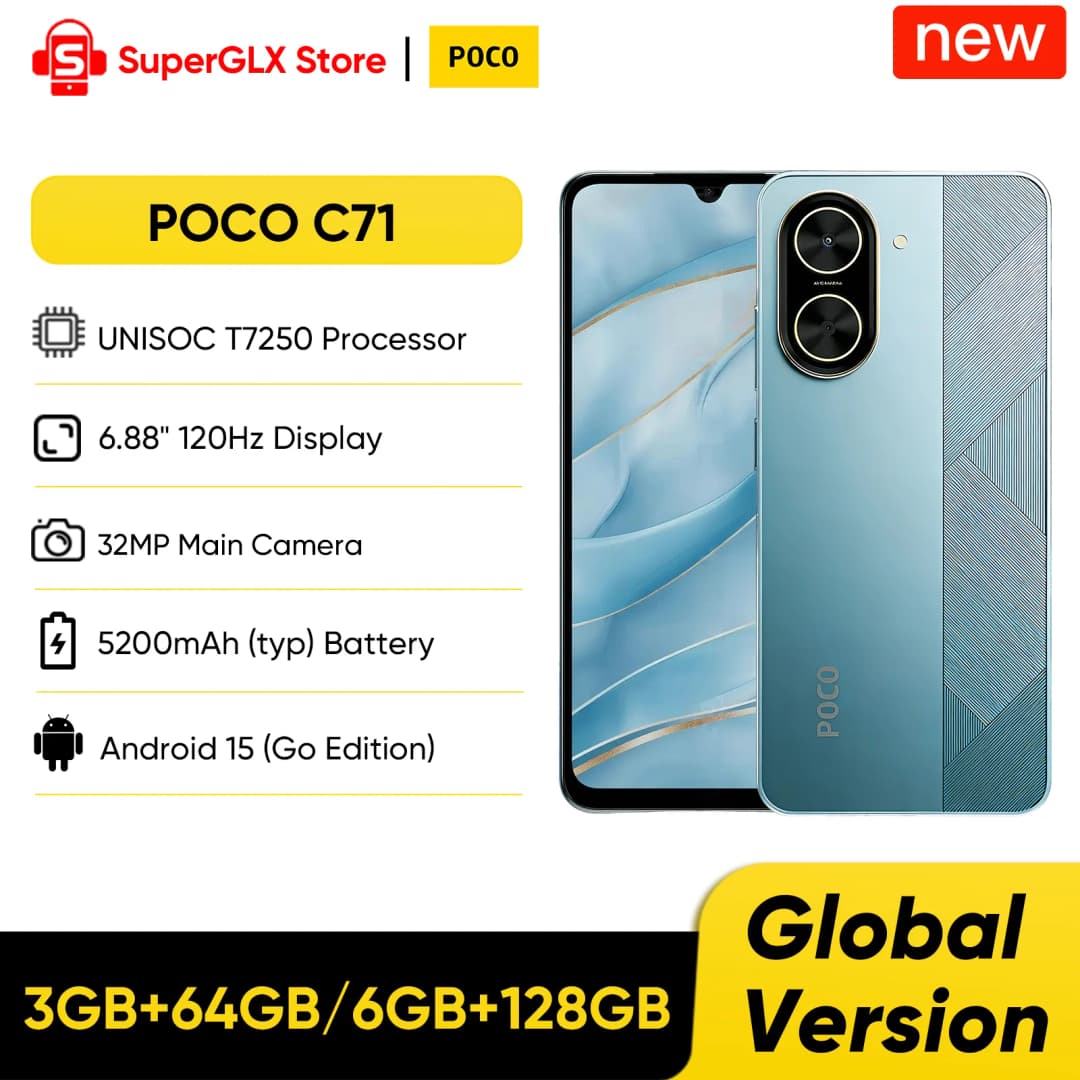 POCO C71 Global Version Smartphone UNISOC T7250 6.88" 120Hz Display 32MP AI Dual Camera 5200mAh Battery 15W Fast Charging