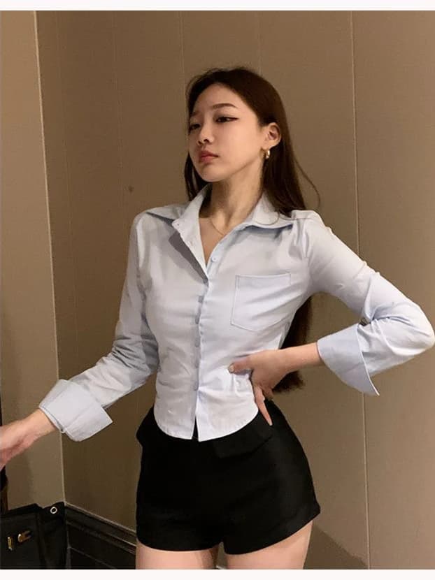 White Short Sleeveless Women's Shirt Slim Fit Long Sleeve  Neck Pure Color Commute Style Office Front Desk Work Uniform - 3