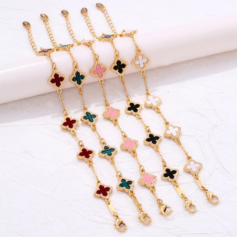 Luxury Vintage Rhinestone Four Leaf Clover Bracelet for Women Girls Fashion Five Leaf Flower Wrist Chain Jewelry Bijoux Gifts - 2