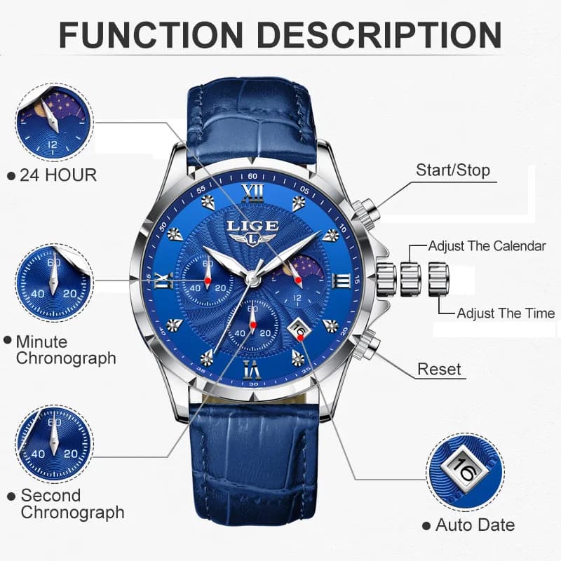 LIGE Blue Leather Watch Men Fashion Business Military Watches For Men Waterproof Sport Men's Quartz Wristwatch Relojes Hombre - 6