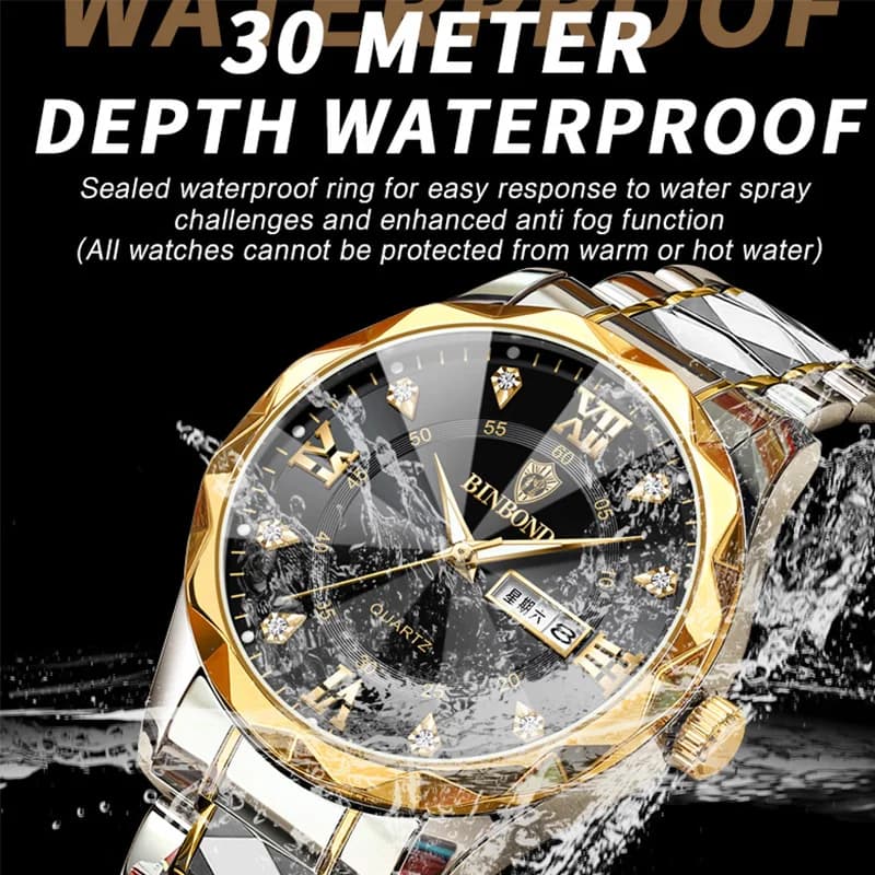 BINBOND Men Watch Stainless Steel Top Quailty Luxury Push Button Hidden Clasp Waterproof Luminous Date Week Sport Wrist Watches - 2