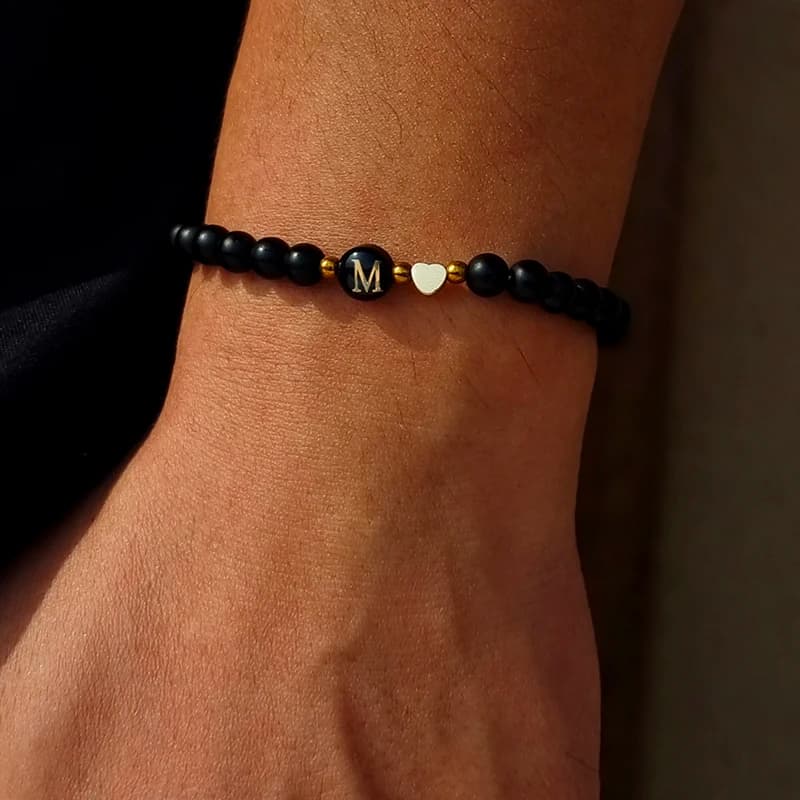 أساور عقيق أسود 4 ملم للرجال موضة مرنة قابلة للتعديل أساور قلب للرجال إكسسوارات مجوهرات