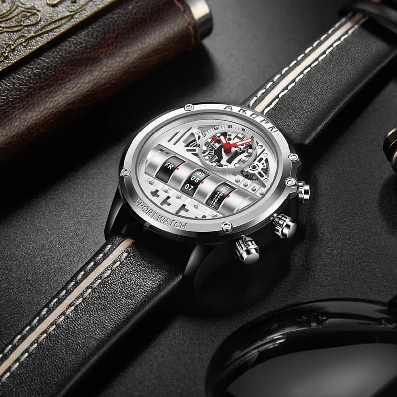 Luxury Electronic Quartz Watch For Men Business Watches Male Creative Men WristWatch Unique Rotate Date Leather Strap Watches - 3