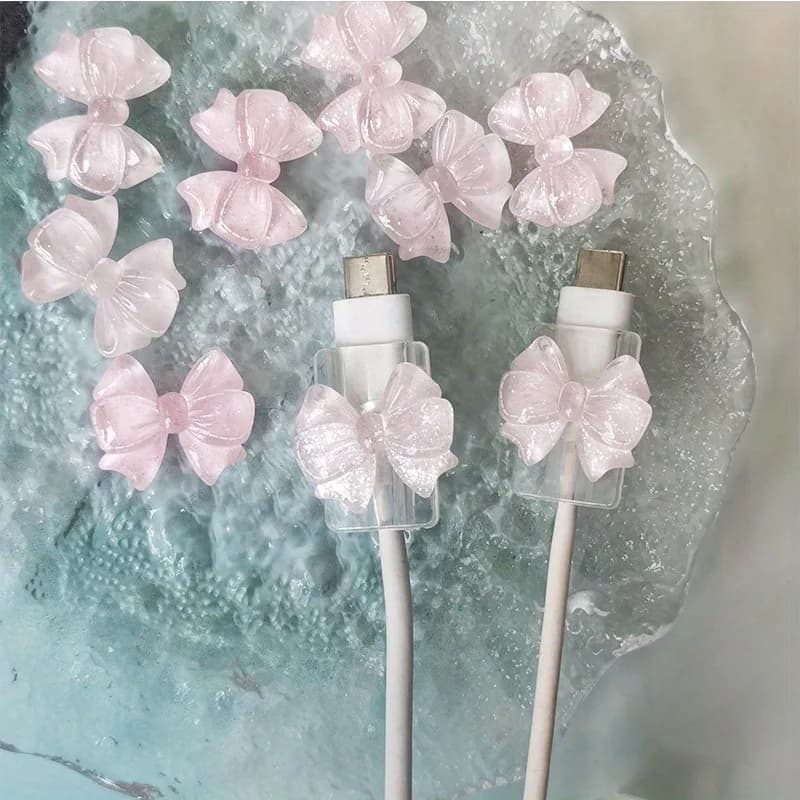 2Pcs Lovely Pink Bow Silicone Charger Cable Protector Sleeve Cable Holder Clip Anti-break Transparent Cord Cover Wrap - 5