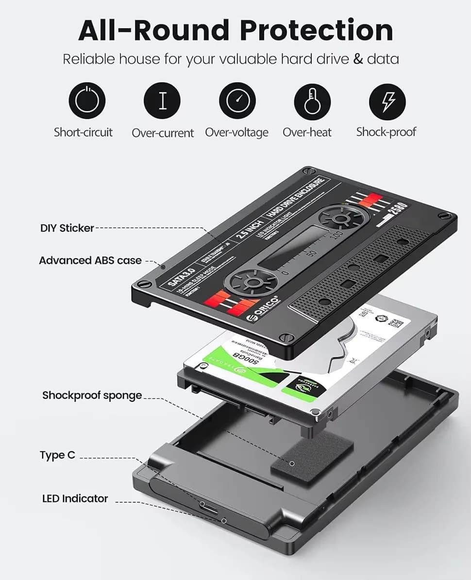 ORICO USB C SATA III كلاسيك SSD HDD6Gbps 2.5 بوصة غطاء القرص الصلب صندوق تخزين خارجي مضاد للصدمات للكمبيوتر المحمول
