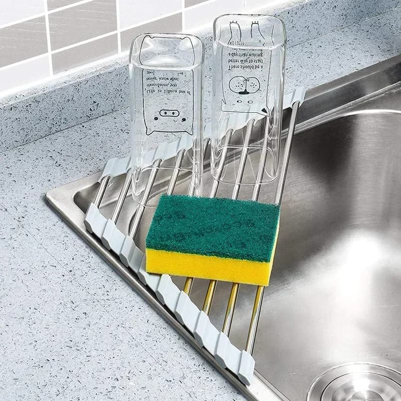 Roll Up Triangle Dish Drying Rack Kitchen Sink Organizer Corner Over the Sink Sponge Rag Holder Foldable Stainless Steel Drainer - 3