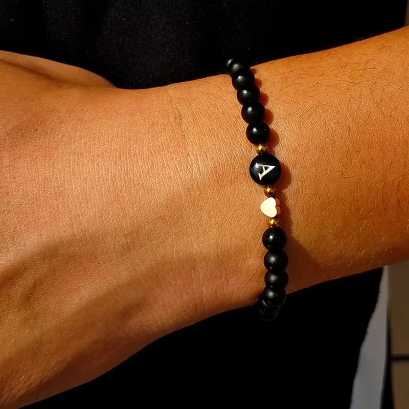 أساور عقيق أسود 4 ملم للرجال موضة مرنة قابلة للتعديل أساور قلب للرجال إكسسوارات مجوهرات - 2