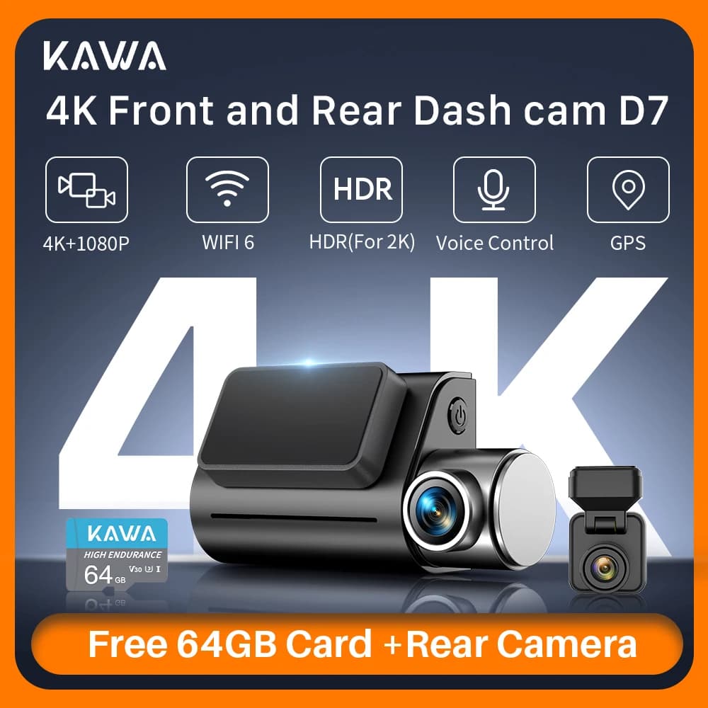 كاميرا لوحة قيادة أمامية وخلفية KAWA D7 بدقة 4K، مسجل فيديو عالي الدقة 4K، كاميرا خلفية صغيرة DVR للسيارات، كاميرا لوحة قيادة بتحكم عبر التطبيق/الصوت