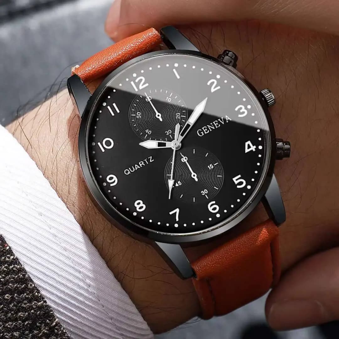 مجموعة ساعات عمل للرجال من قطعتين، ساعة كوارتز تناظرية بحزام جلد أنيق، ريلوج هومبر (بدون علبة) - 3