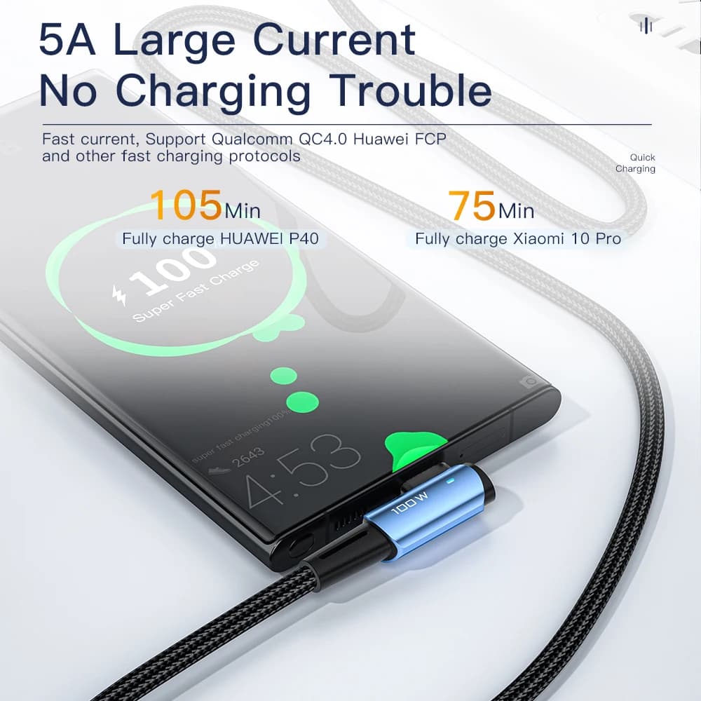 كابل Essager طويل 3m 100W USB Type C إلى USB C زاوية 90 درجة لآيباد ماك بوك برو شاومي سامسونج هواوي كابل Type-C سريع - 3