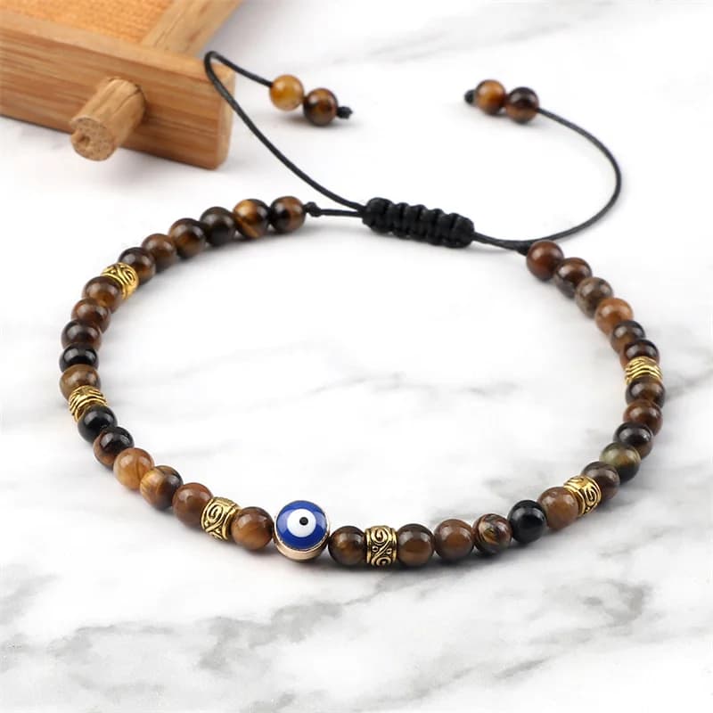 Lucky Evil Eye Bracelet Men Natural Stone 4mm Tiger Eye Lava Agates Beads Adjustable Braided Bracelets&Bangles Jewelry for Women - 4