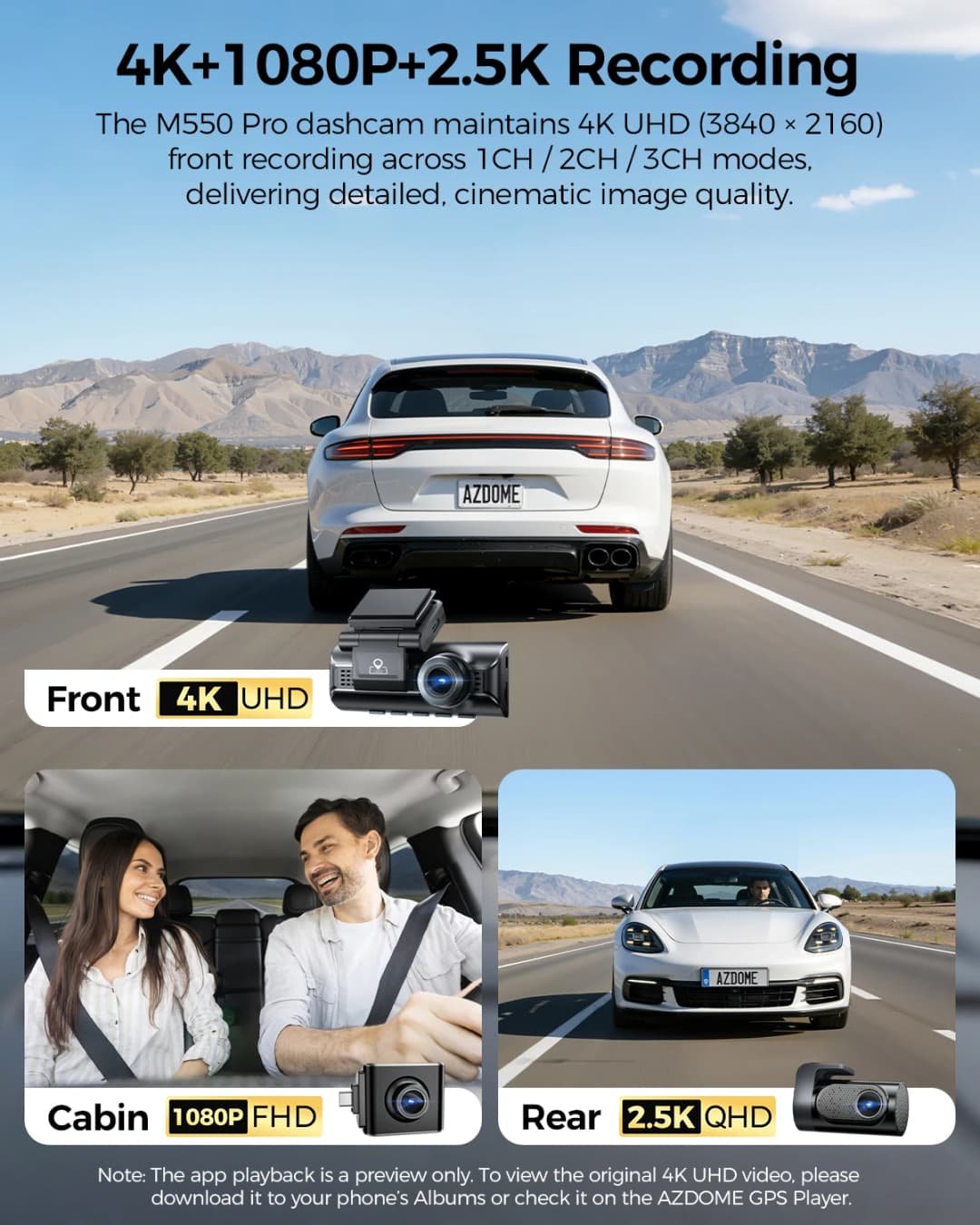 كاميرا لوحة القيادة AZDOME M550 برو بدقة 4K+2.5K مع واي فاي 5.8 جيجاهرتز ونظام تحديد المواقع المدمج وشاشة IPS 3.19 بوصة ورؤية ليلية ووضع ركن 24 ساعة - 2
