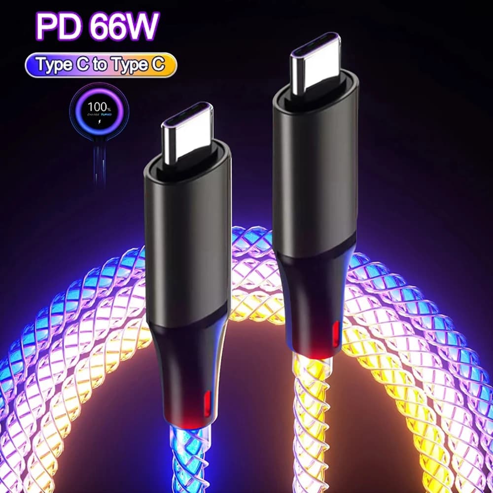 66 واط 6A نوع C كابل شحن RGB LED USB C سلك شحن سريع ل Xiaomi K60 الترا سامسونج آيفون 15 برو هواوي PD النايلون مضفر - 2