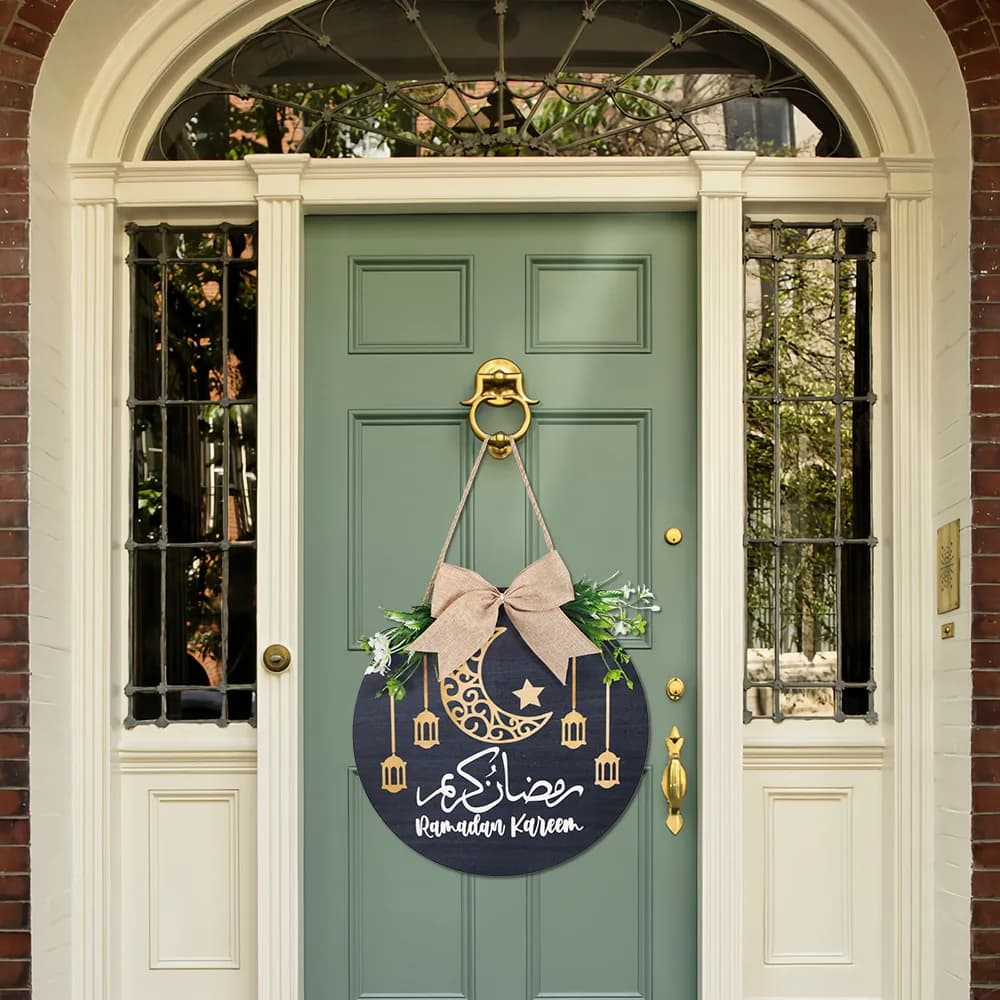 Large Elegant Ramadan Wreath Decorations Ramadan Kareem Round Hanging Door Sign Islam Eid Mubarak Muslim Home Party Supplies - 2