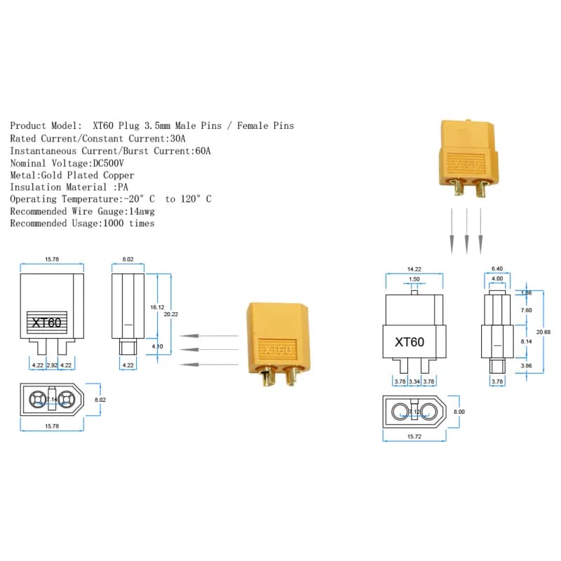 2/5 قطع موصلات XT60 ذكر وأنثى، قابس T لبطارية RC ليبو، إكسسوارات طائرات درون وسيارات RC - 5