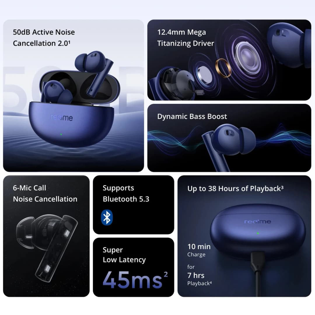 الإصدار العالمي realme Buds Air 5 سماعة أذن TWS عزل ضوضاء نشط 50dB سماعة رأس لاسلكية عمر بطارية 38 ساعة بلوتوث 5.3 - 2