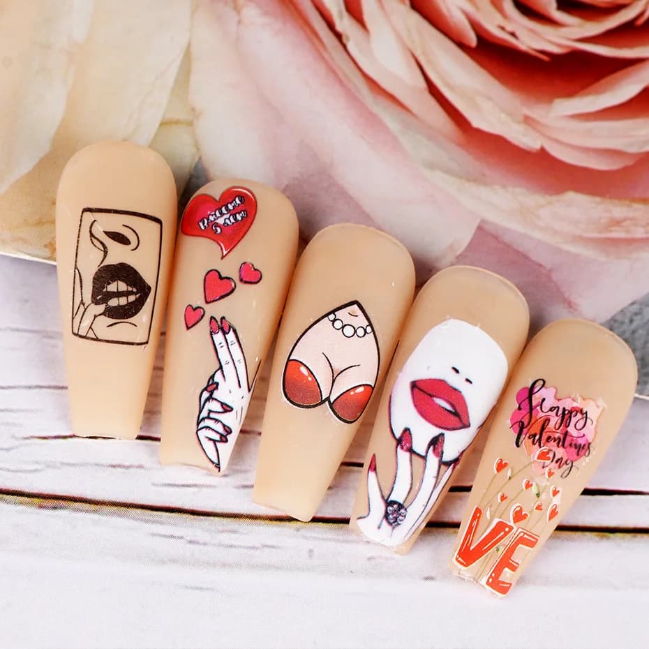 1 قطعة عيد الحب الجديد مسمار الفن صائق ثلاثية الأبعاد القلب أحمر الشفاه مسمار ملصقات مسمار الفن لوازم ملصقات بمادة لاصقة ذاتية الصنع مسمار المنزلق - 6