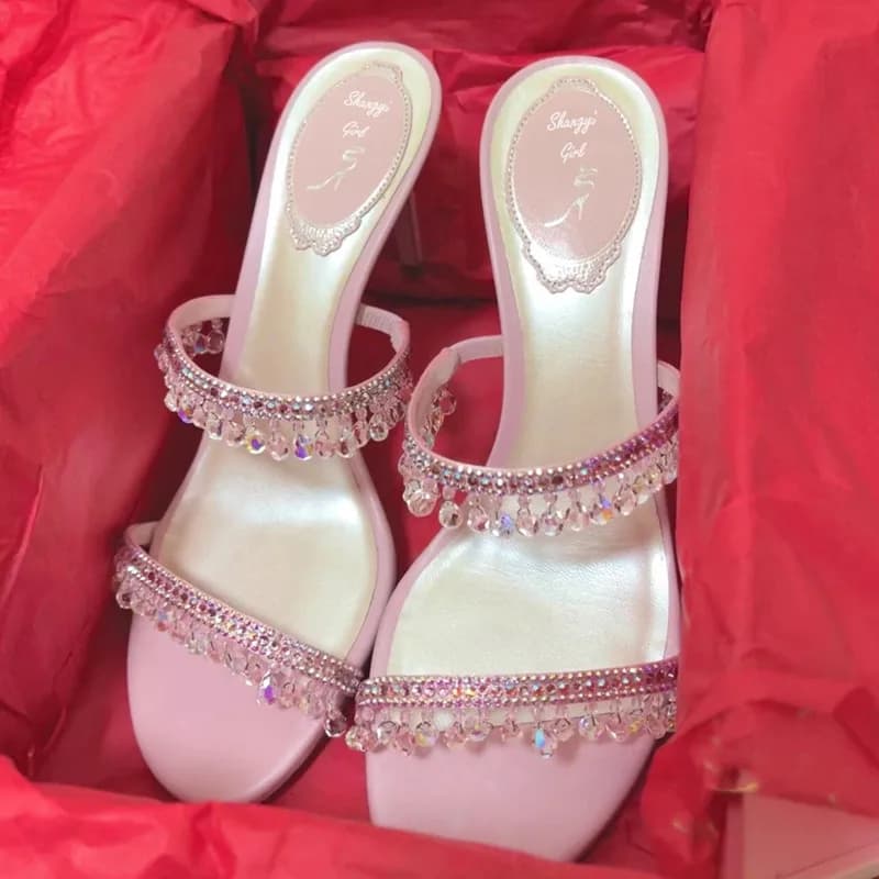 2025 Summer New Sexy Women Sandals Thin Heel Rhinestone High Heels Open Toe Backless Slippers Fairy Style - 2