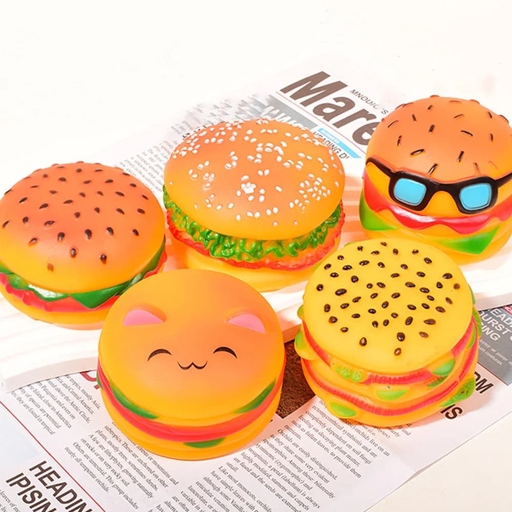 Squeaky Hamburger Dog Toy - Chew Toy for Teeth Cleaning & Molar Care, Interactive Squeaking Pet Toy, - 3