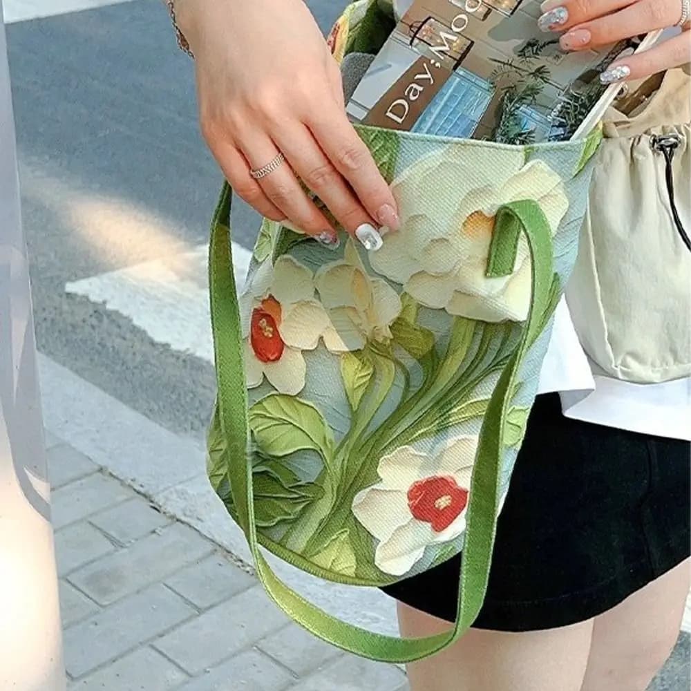 موضة الأزهار نمط دلو حقيبة قماش حقيبة كتف عادية سعة كبيرة حقيبة يد الإبداعية للنساء السفر المنظم حمل حقيبة - 5