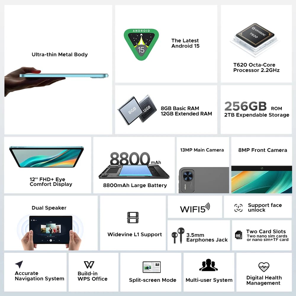 دوغي تي36 تابلت أندرويد 15 شاشة 12 بوصة إف إتش دي+ 90 هرتز آي بي إس 8 جيجابايت 256 جيجابايت يونيسوك تي620 ثماني النواة بطارية كبيرة 8800 مللي أمبير وايدفاين إل1 - 2