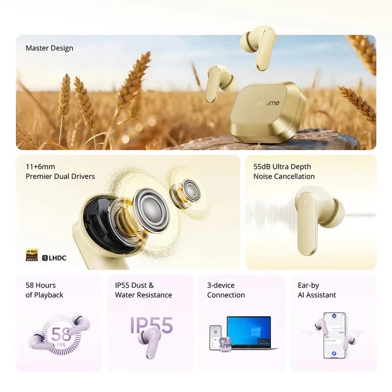 سماعات realme Buds Air 8 اللاسلكية بلوتوث 5.4 مع إلغاء الضوضاء النشط وبطارية تدوم لساعات حقيقية TWS إصدار عالمي - 2