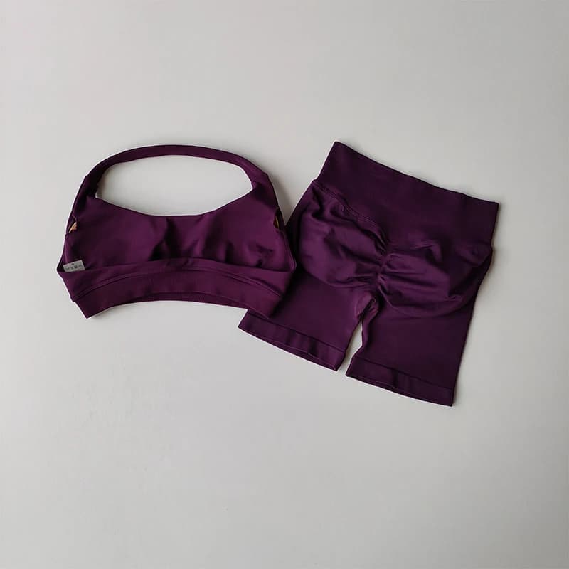 Sexy Halter Neck Beautiful Back High Waist Peach Sports Bras Shorts Suit Pilates Gathering Yoga Vest Training Fitness Bra Sets - 3