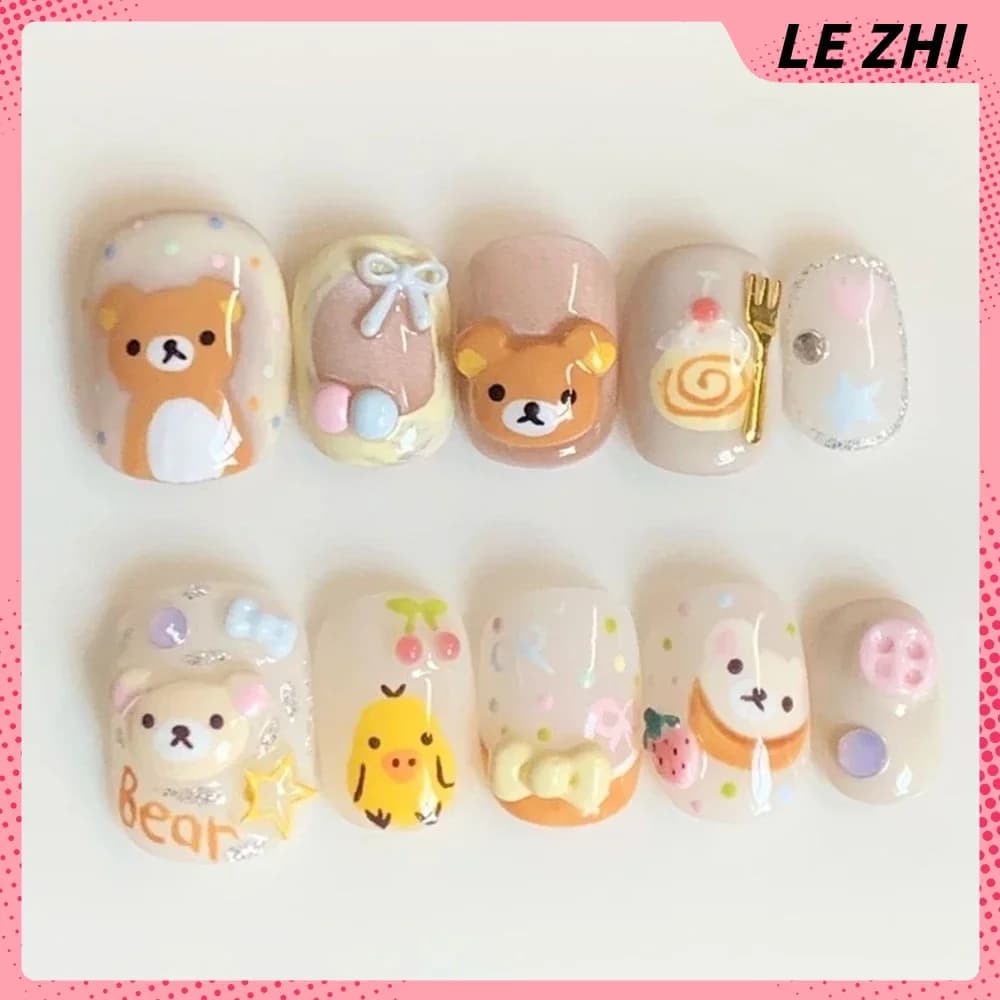 10Pcs Kawaii Rilakkuma Handmade Press On Nail Art Cartoon 3D Bowknot Strawberry Four Leaf Clover Pearl Nails Party Sticker - 3