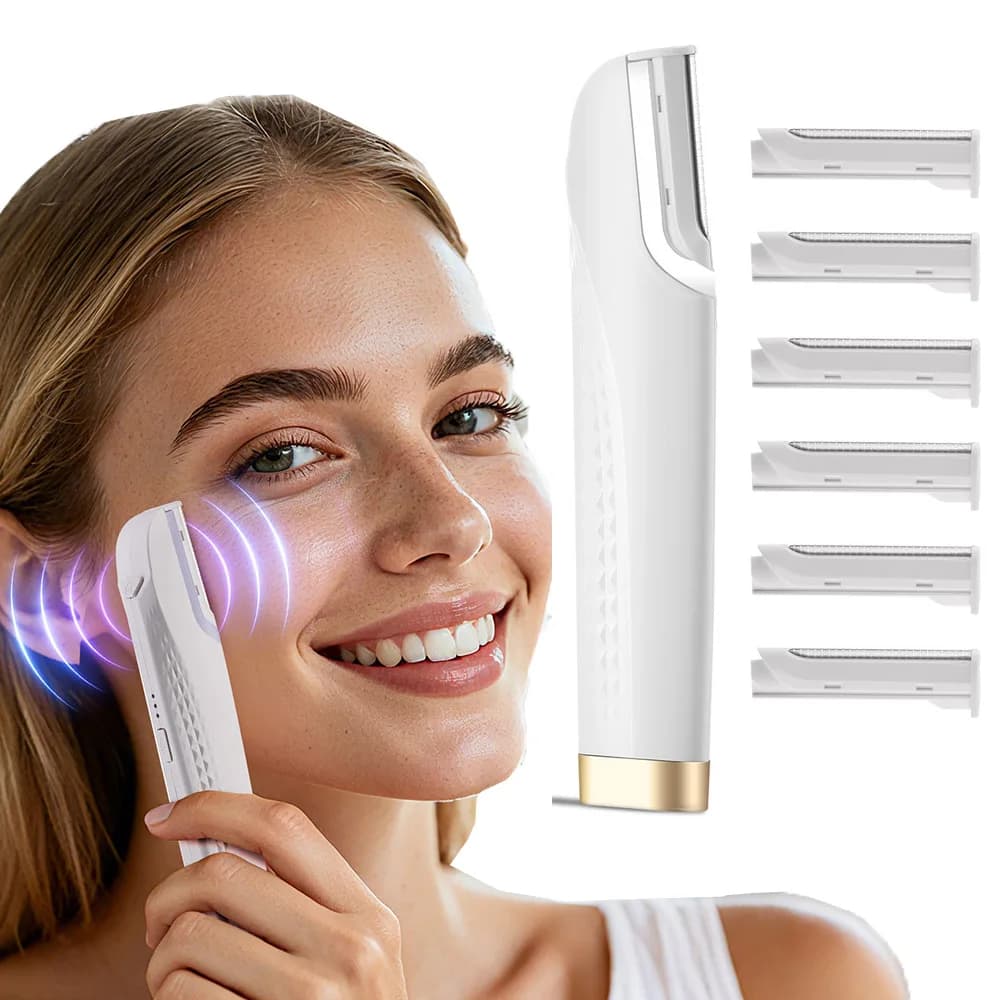 ماكينة حلاقة كهربائية للسيدات لإزالة شعر الوجه بتقنية الديرما بلانينغ، تقشير الوجه، إزالة الشعر، شفرة لإزالة شعر الوجه مع 6 رؤوس قابلة للاستبدال، ماكينة حلاقة محمولة