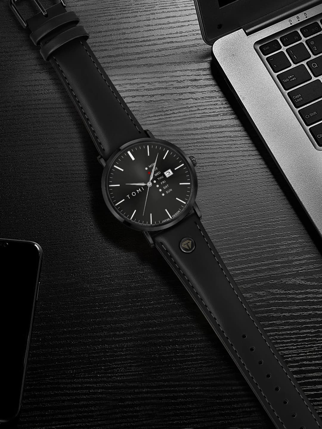 ساعة عمل أنيقة من TOMI للرجال، كوارتز بملمس مميز، حزام جلد، مع تقويم أيام الأسبوع - 5