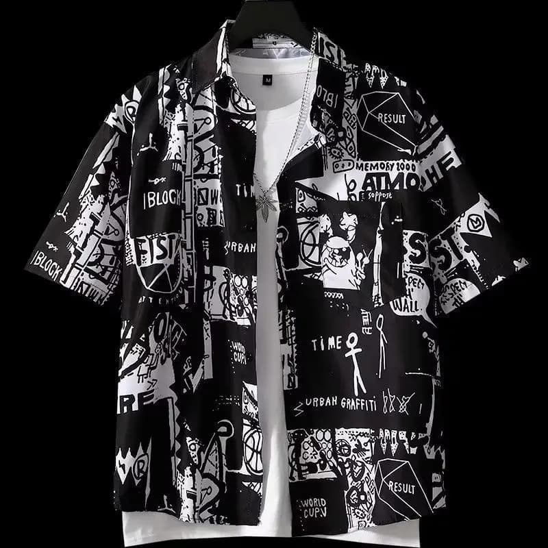 Japanese Retro Printed Short-Sleeve Shirt for Men,Trendy Brand Letter Shirt, Loose Casual VersatileThin Short-Sleeve Dress Shirt