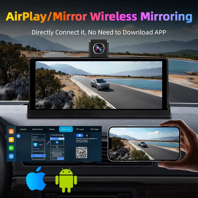 10.26 بوصة 4K Dash Cam Carplay Android Auto GPS 5G WIFI FM BT Car Dvr 350 °   مسجل محرك كاميرا شاحنة داشكام بعدسة مزدوجة الدوران - 5